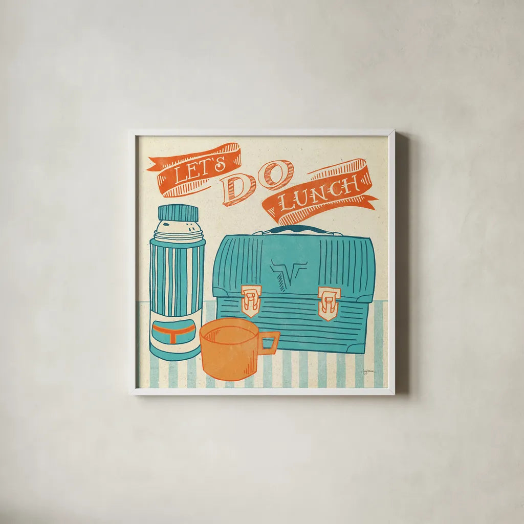 Lets Do Lunch Orange by Mary Urban. Shown in a crisp white glass frame for a clean and minimalist style. Available as an archival giclee rolled canvas, fine art paper, or poster print. SKU 30510a.