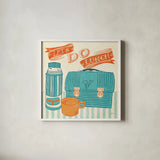 Lets Do Lunch Orange by Mary Urban. Shown in a crisp white glass frame for a clean and minimalist style. Available as an archival giclee rolled canvas, fine art paper, or poster print. SKU 30510a.