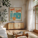 Lets Do Lunch Orange by Mary Urban. Shown in a natural wood frame in a cozy modern living room. Available as an archival giclee rolled canvas, fine art paper, or poster print. SKU 30510a.