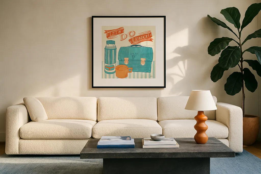 Lets Do Lunch Orange by Mary Urban. Displayed in a glass frame with matte in a clean modern living room. Available as an archival giclee rolled canvas, fine art paper, or poster print. SKU 30510a.