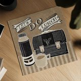 Lets Do Lunch Taupe by Mary Urban. Shown as a detailed flat fine art print, highlighting archival giclee quality. Available as an archival giclee rolled canvas, fine art paper, or poster print. SKU 20960a.