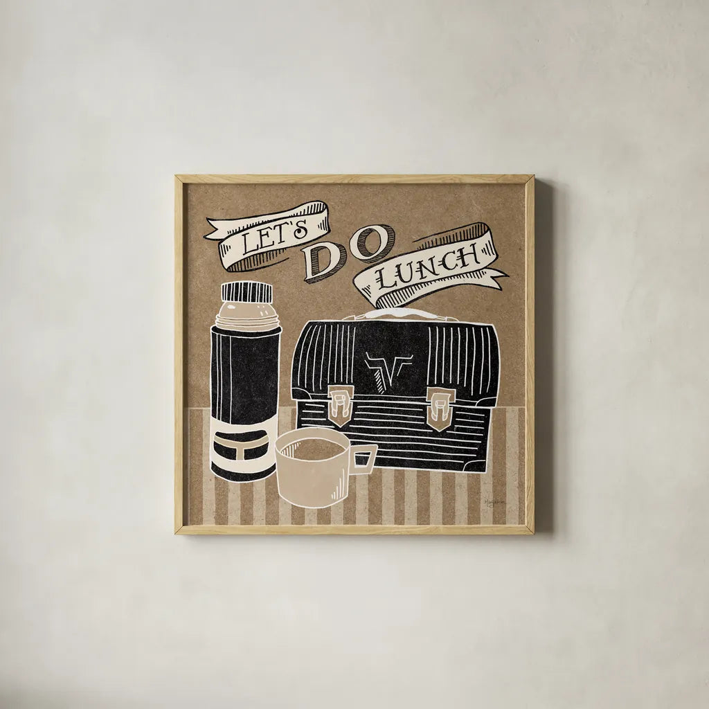 Lets Do Lunch Taupe by Mary Urban. Shown in a natural wood glass frame for a timeless modern aesthetic. Available as an archival giclee rolled canvas, fine art paper, or poster print. SKU 20960a.