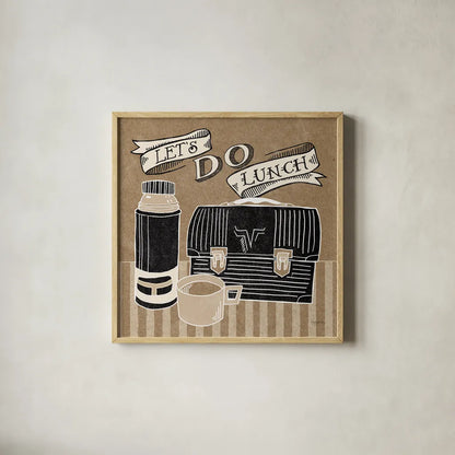 Lets Do Lunch Taupe by Mary Urban. Shown in a natural wood glass frame for a timeless modern aesthetic. Available as an archival giclee rolled canvas, fine art paper, or poster print. SKU 20960a.