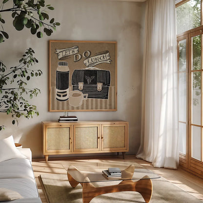 Lets Do Lunch Taupe by Mary Urban. Shown in a natural wood frame in a cozy modern living room. Available as an archival giclee rolled canvas, fine art paper, or poster print. SKU 20960a.