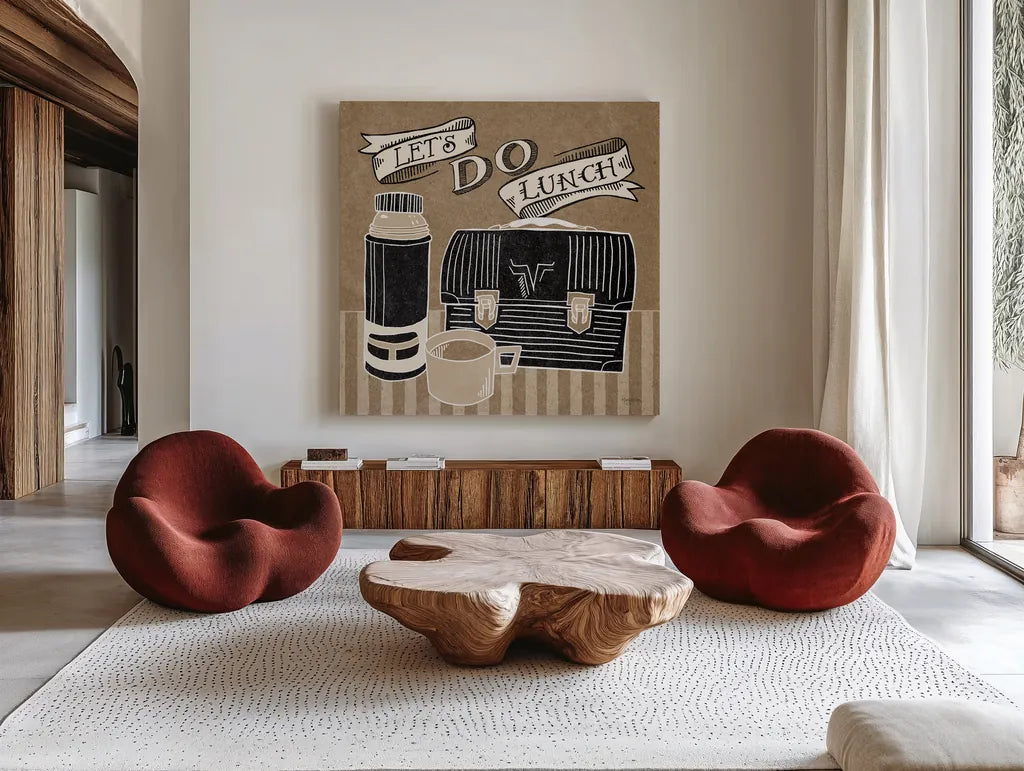 Lets Do Lunch Taupe by Mary Urban. Shown as extra-large giant wall art in a modern living room. Available as an archival giclee rolled canvas, fine art paper, or poster print. SKU 20960a.