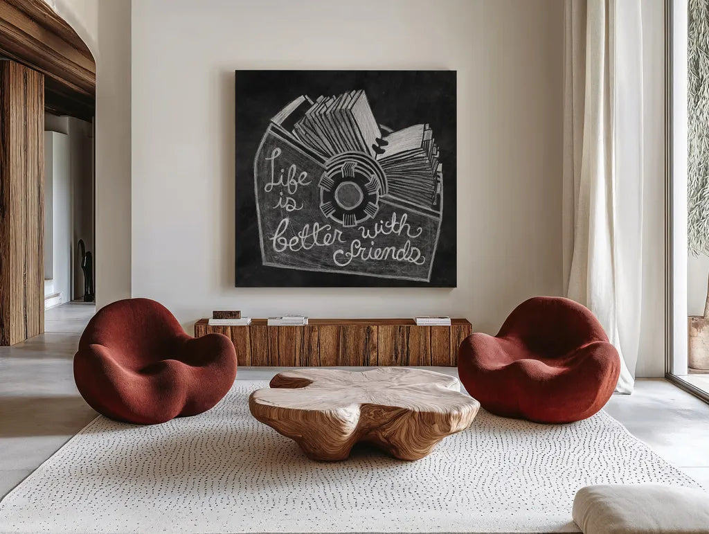 Life is Better Chalk by Mary Urban. Shown as extra-large giant wall art in a modern living room. Available as an archival giclee rolled canvas, fine art paper, or poster print. SKU 25592a.