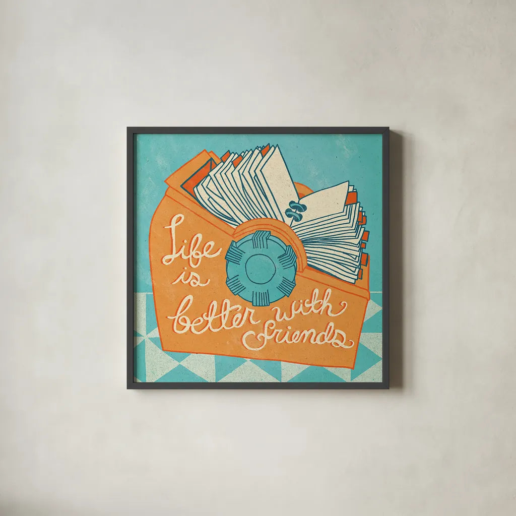 Life is Better Orange by Mary Urban. Shown in a sleek black glass frame for a contemporary gallery look. Available as an archival giclee rolled canvas, fine art paper, or poster print. SKU 30511a.