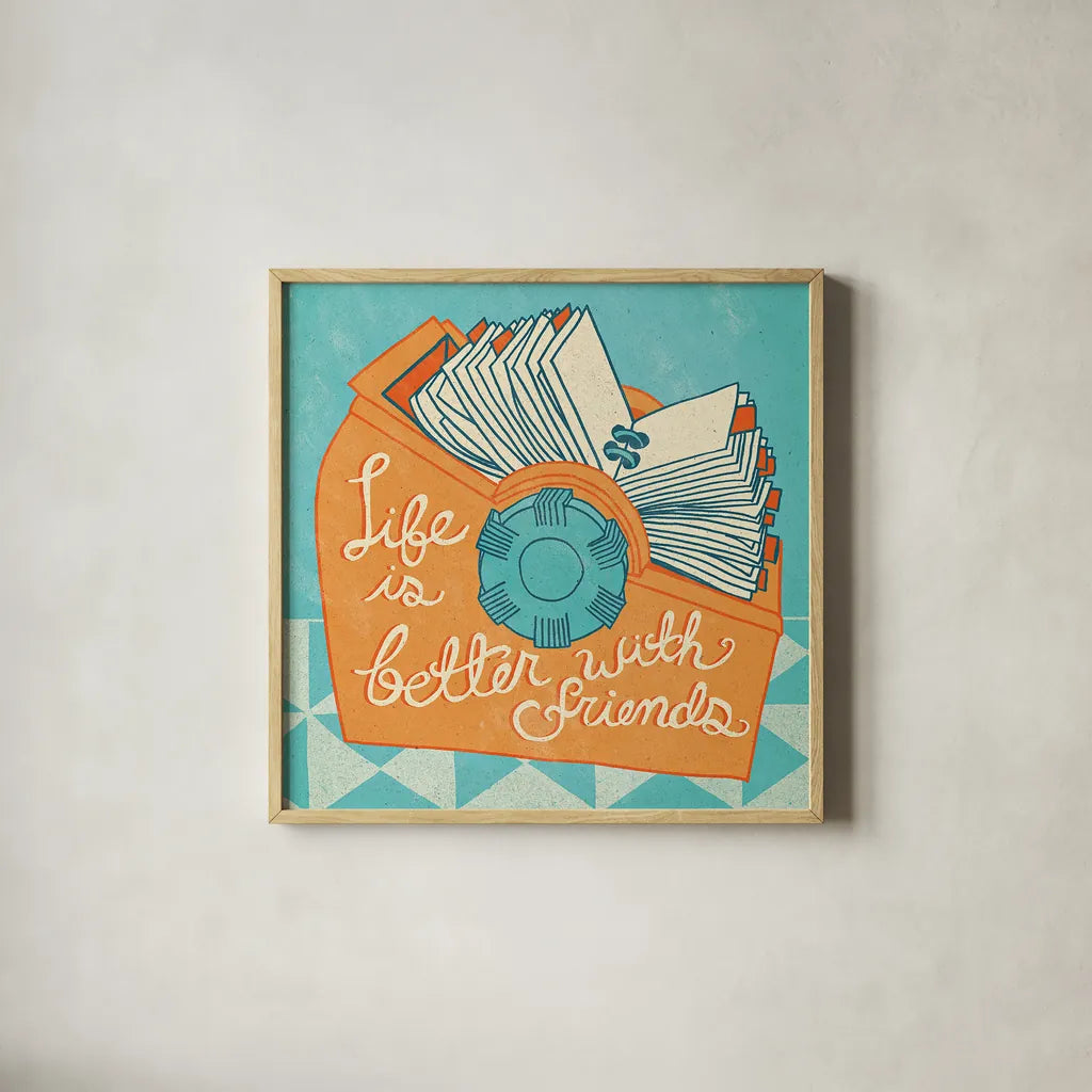 Life is Better Orange by Mary Urban. Shown in a natural wood glass frame for a timeless modern aesthetic. Available as an archival giclee rolled canvas, fine art paper, or poster print. SKU 30511a.