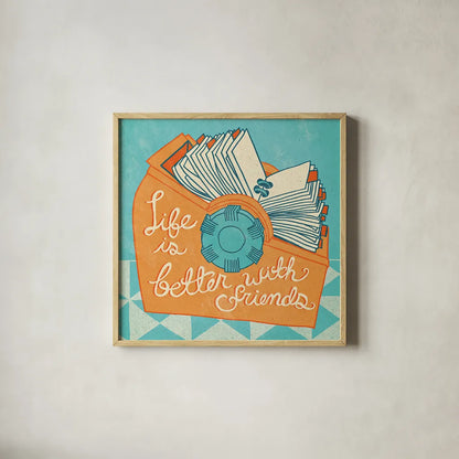 Life is Better Orange by Mary Urban. Shown in a natural wood glass frame for a timeless modern aesthetic. Available as an archival giclee rolled canvas, fine art paper, or poster print. SKU 30511a.