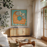 Life is Better Orange by Mary Urban. Shown in a natural wood frame in a cozy modern living room. Available as an archival giclee rolled canvas, fine art paper, or poster print. SKU 30511a.