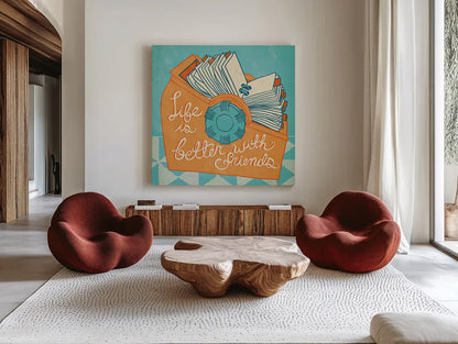 Life is Better Orange by Mary Urban. Shown as extra-large giant wall art in a modern living room. Available as an archival giclee rolled canvas, fine art paper, or poster print. SKU 30511a.