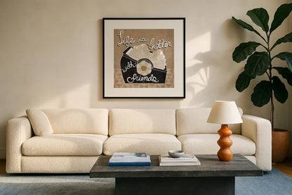 Life is Better with Friends Taupe by Mary Urban. Displayed in a glass frame with matte in a clean modern living room. Available as an archival giclee rolled canvas, fine art paper, or poster print. SKU 20961a.
