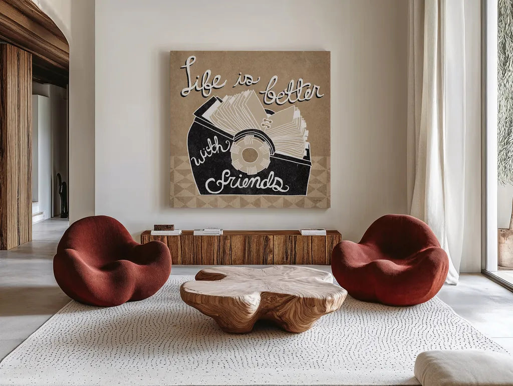 Life is Better with Friends Taupe by Mary Urban. Shown as extra-large giant wall art in a modern living room. Available as an archival giclee rolled canvas, fine art paper, or poster print. SKU 20961a.