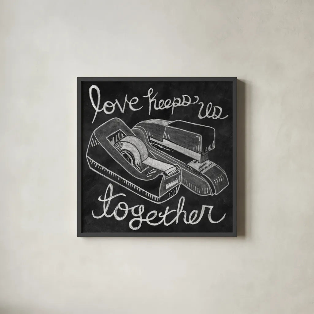 Love Keeps Us Together Chalk by Mary Urban. Shown in a sleek black glass frame for a contemporary gallery look. Available as an archival giclee rolled canvas, fine art paper, or poster print. SKU 25593a.