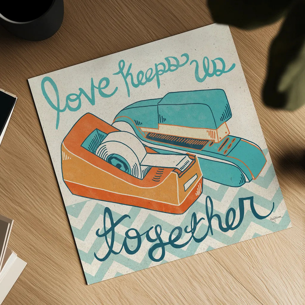 Love Keeps Us Together Orange by Mary Urban. Shown as a detailed flat fine art print, highlighting archival giclee quality. Available as an archival giclee rolled canvas, fine art paper, or poster print. SKU 30512a.