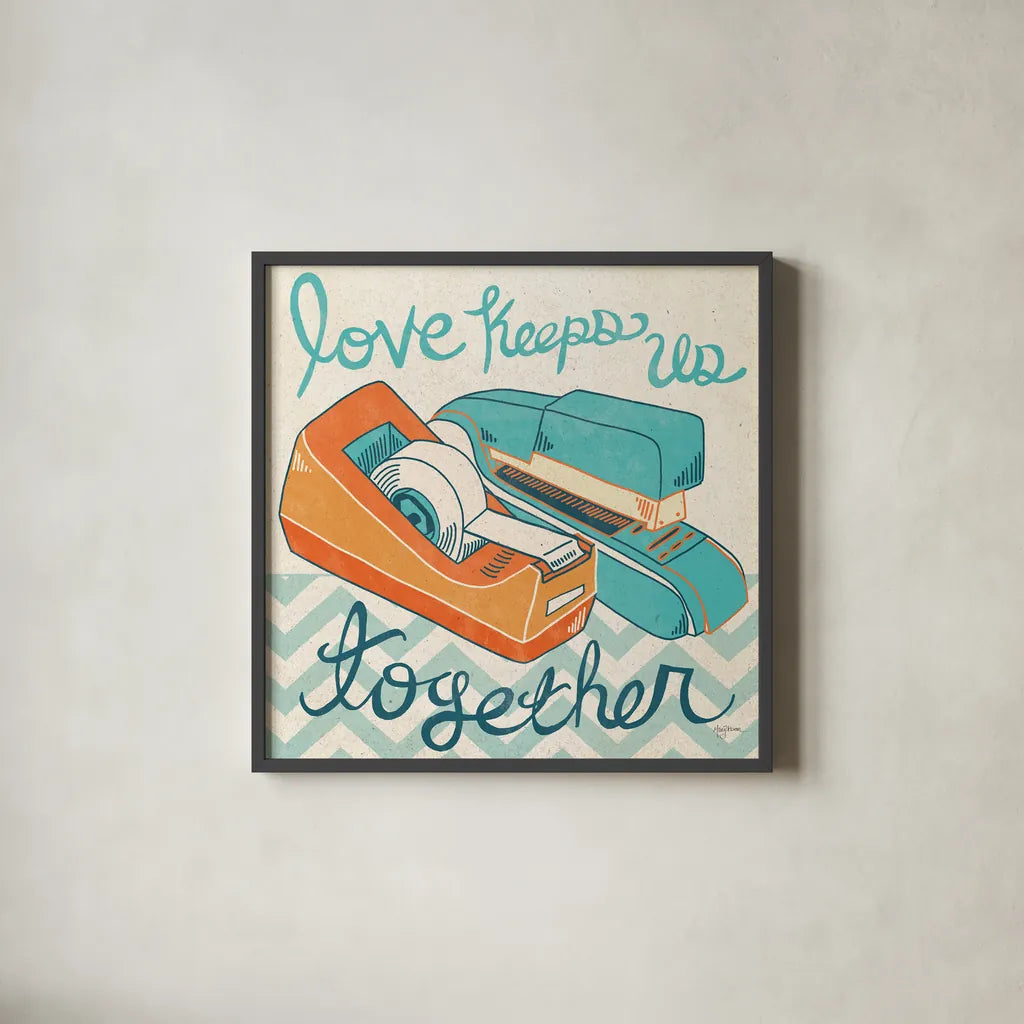 Love Keeps Us Together Orange by Mary Urban. Shown in a sleek black glass frame for a contemporary gallery look. Available as an archival giclee rolled canvas, fine art paper, or poster print. SKU 30512a.