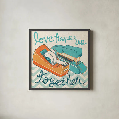 Love Keeps Us Together Orange by Mary Urban. Shown in a sleek black glass frame for a contemporary gallery look. Available as an archival giclee rolled canvas, fine art paper, or poster print. SKU 30512a.