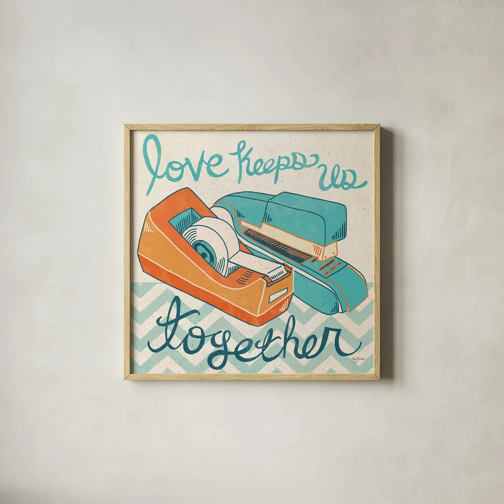 Love Keeps Us Together Orange by Mary Urban. Shown in a natural wood glass frame for a timeless modern aesthetic. Available as an archival giclee rolled canvas, fine art paper, or poster print. SKU 30512a.