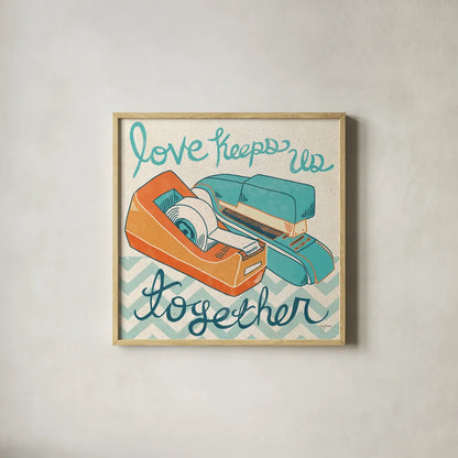 Love Keeps Us Together Orange by Mary Urban. Shown in a natural wood glass frame for a timeless modern aesthetic. Available as an archival giclee rolled canvas, fine art paper, or poster print. SKU 30512a.