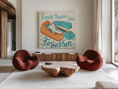 Love Keeps Us Together Orange by Mary Urban. Shown as extra-large giant wall art in a modern living room. Available as an archival giclee rolled canvas, fine art paper, or poster print. SKU 30512a.
