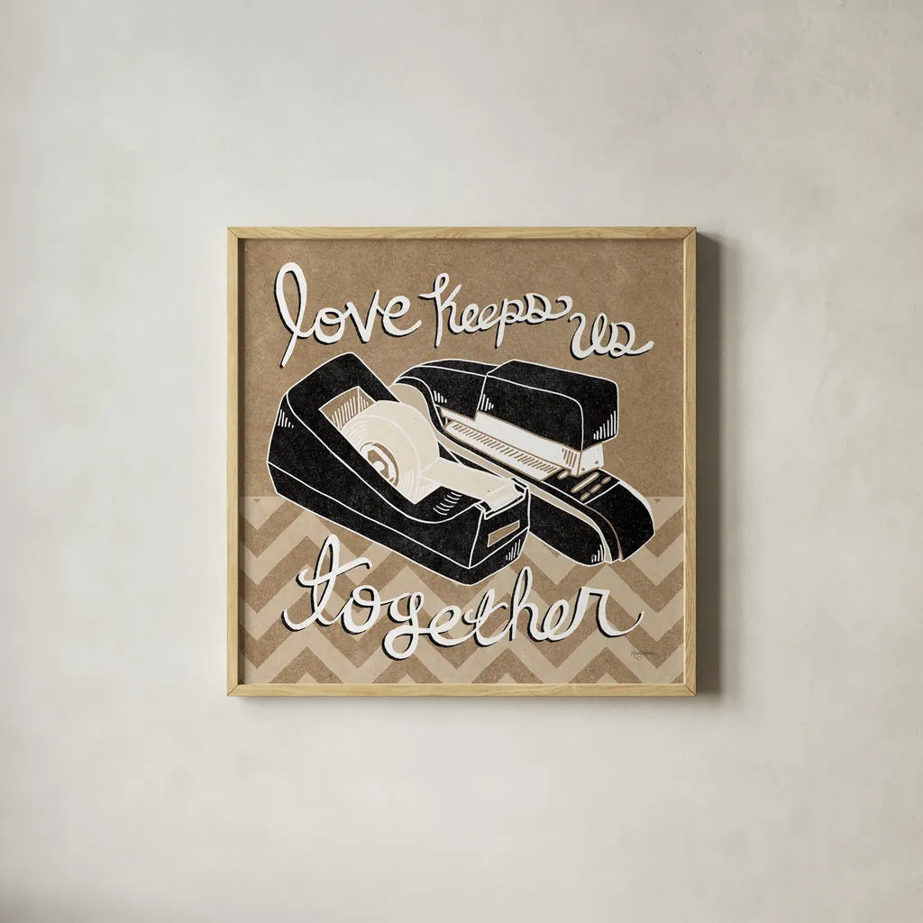 Love Keeps Us Together Taupe by Mary Urban. Shown in a natural wood glass frame for a timeless modern aesthetic. Available as an archival giclee rolled canvas, fine art paper, or poster print. SKU 20957a.