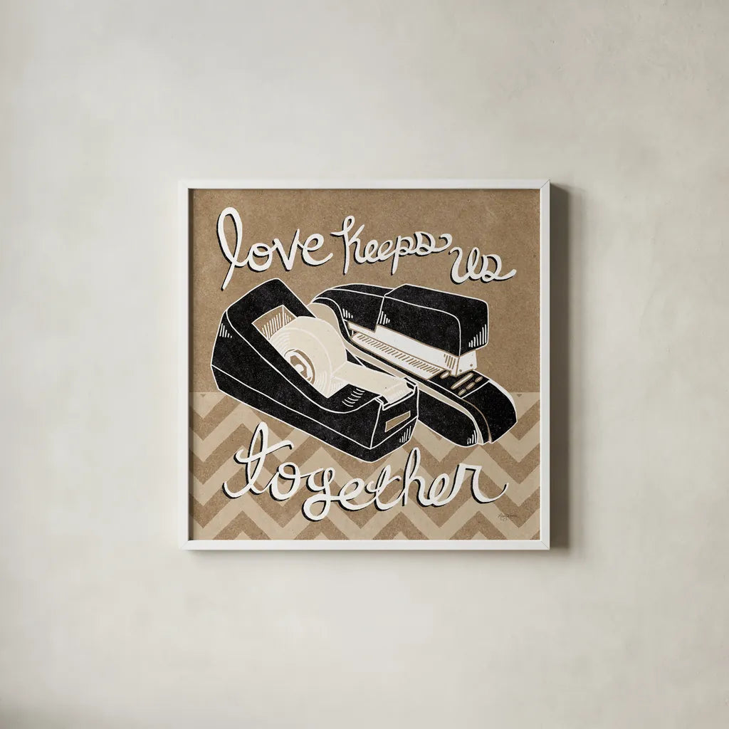 Love Keeps Us Together Taupe by Mary Urban. Shown in a crisp white glass frame for a clean and minimalist style. Available as an archival giclee rolled canvas, fine art paper, or poster print. SKU 20957a.