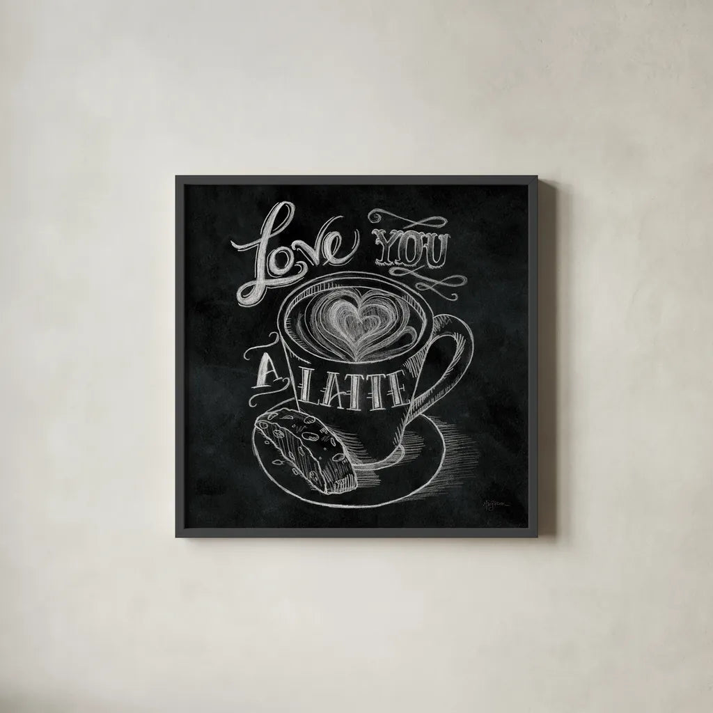 Love You a Latte  No Border Square - 12x12 by Mary Urban. Shown in a sleek black glass frame for a contemporary gallery look. Available as an archival giclee rolled canvas, fine art paper, or poster print. SKU 13807a.