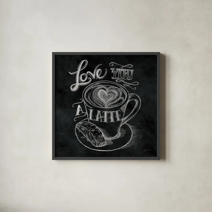 Love You a Latte  No Border Square - 12x12 by Mary Urban. Shown in a sleek black glass frame for a contemporary gallery look. Available as an archival giclee rolled canvas, fine art paper, or poster print. SKU 13807a.