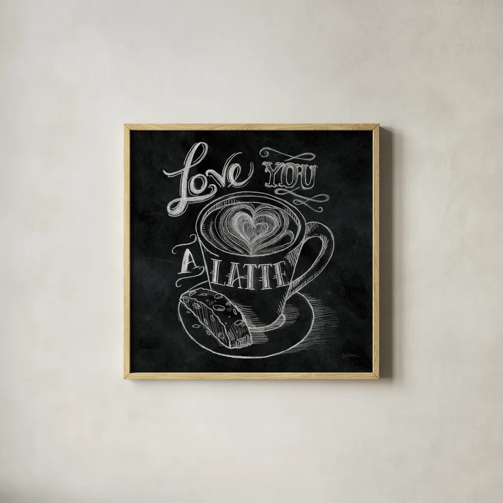 Love You a Latte  No Border Square - 12x12 by Mary Urban. Shown in a natural wood glass frame for a timeless modern aesthetic. Available as an archival giclee rolled canvas, fine art paper, or poster print. SKU 13807a.