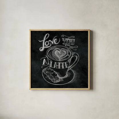 Love You a Latte  No Border Square - 12x12 by Mary Urban. Shown in a natural wood glass frame for a timeless modern aesthetic. Available as an archival giclee rolled canvas, fine art paper, or poster print. SKU 13807a.
