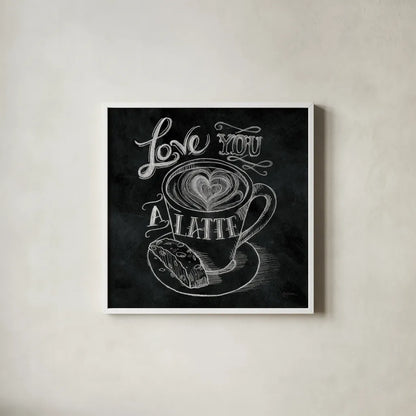 Love You a Latte  No Border Square - 12x12 by Mary Urban. Shown in a crisp white glass frame for a clean and minimalist style. Available as an archival giclee rolled canvas, fine art paper, or poster print. SKU 13807a.