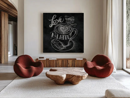 Love You a Latte  No Border Square - 12x12 by Mary Urban. Shown as extra-large giant wall art in a modern living room. Available as an archival giclee rolled canvas, fine art paper, or poster print. SKU 13807a.