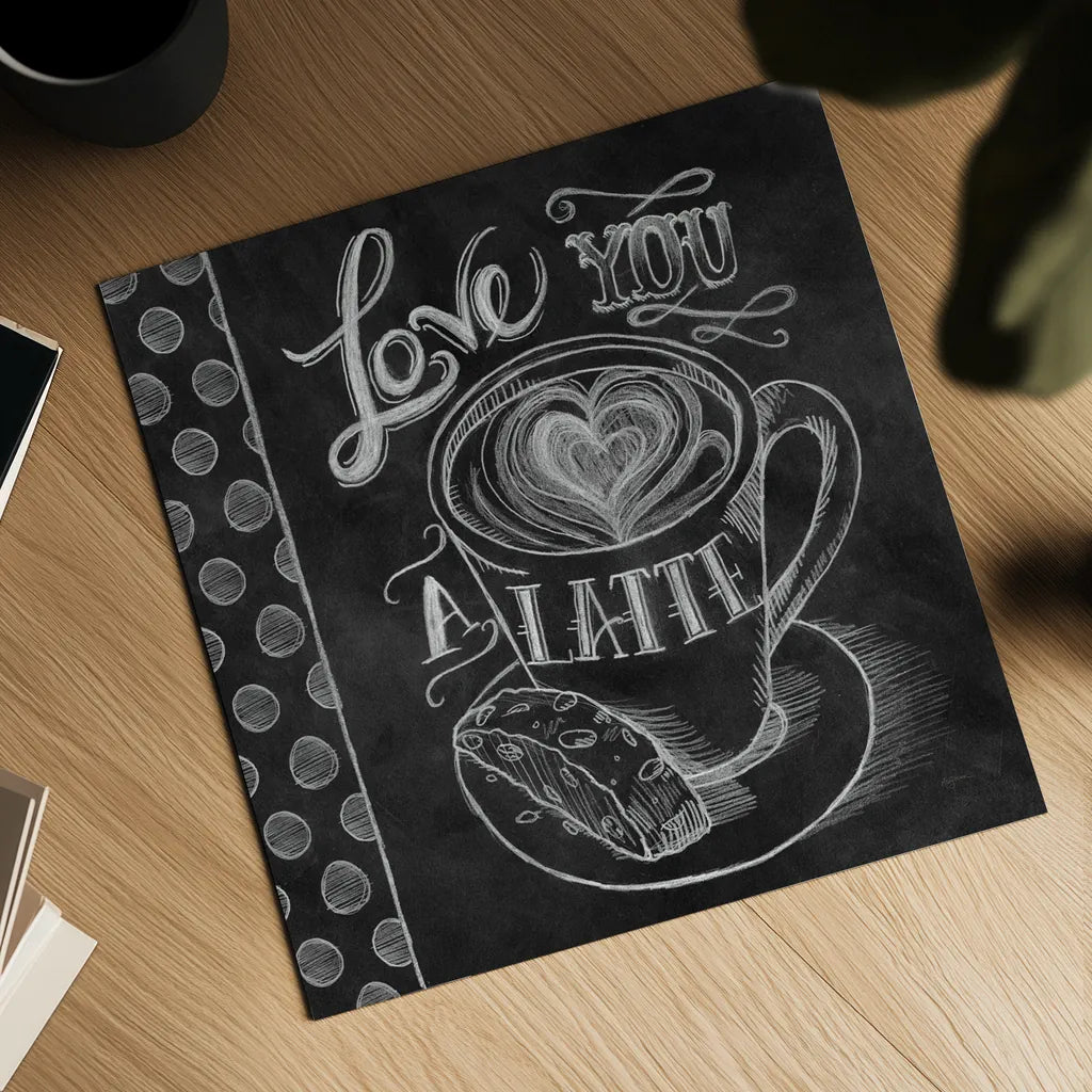 Love You a Latte by Mary Urban. Shown as a detailed flat fine art print, highlighting archival giclee quality. Available as an archival giclee rolled canvas, fine art paper, or poster print. SKU 19841a.