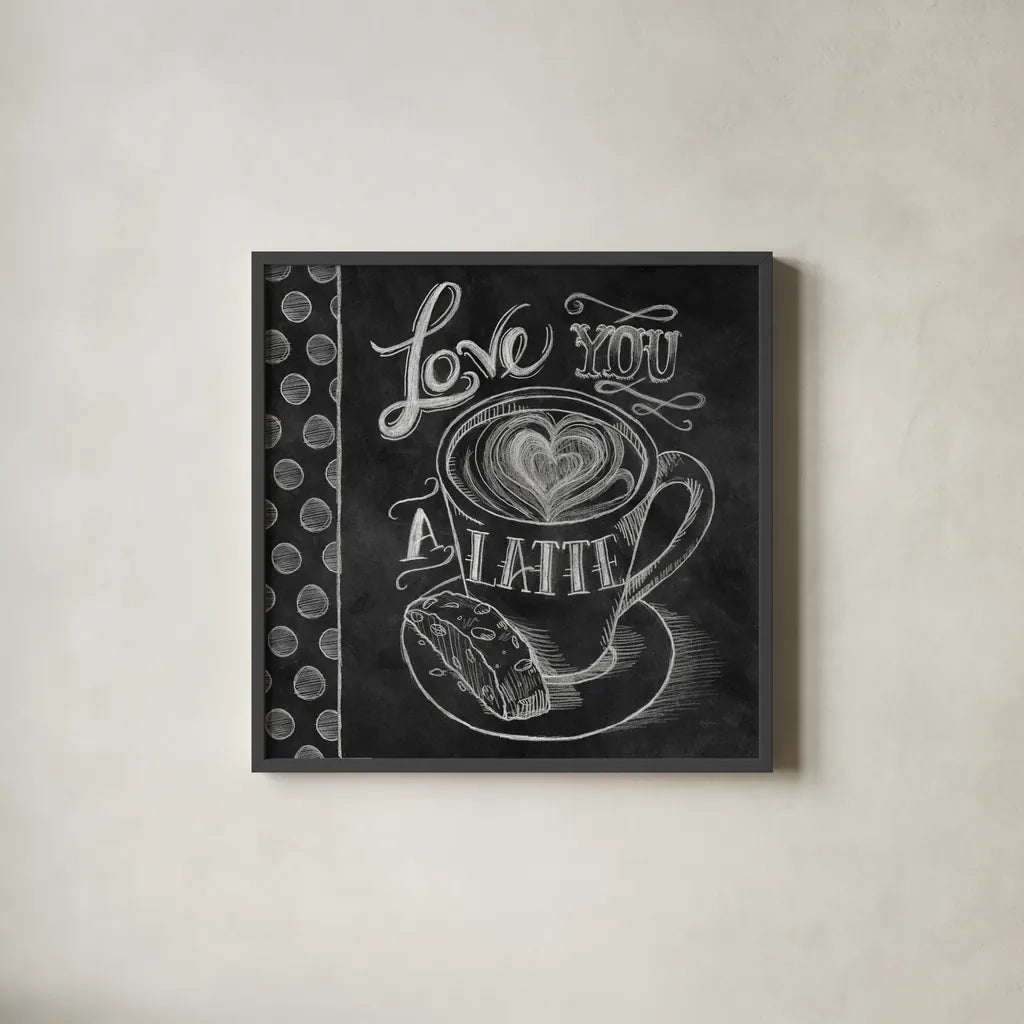 Love You a Latte by Mary Urban. Shown in a sleek black glass frame for a contemporary gallery look. Available as an archival giclee rolled canvas, fine art paper, or poster print. SKU 19841a.