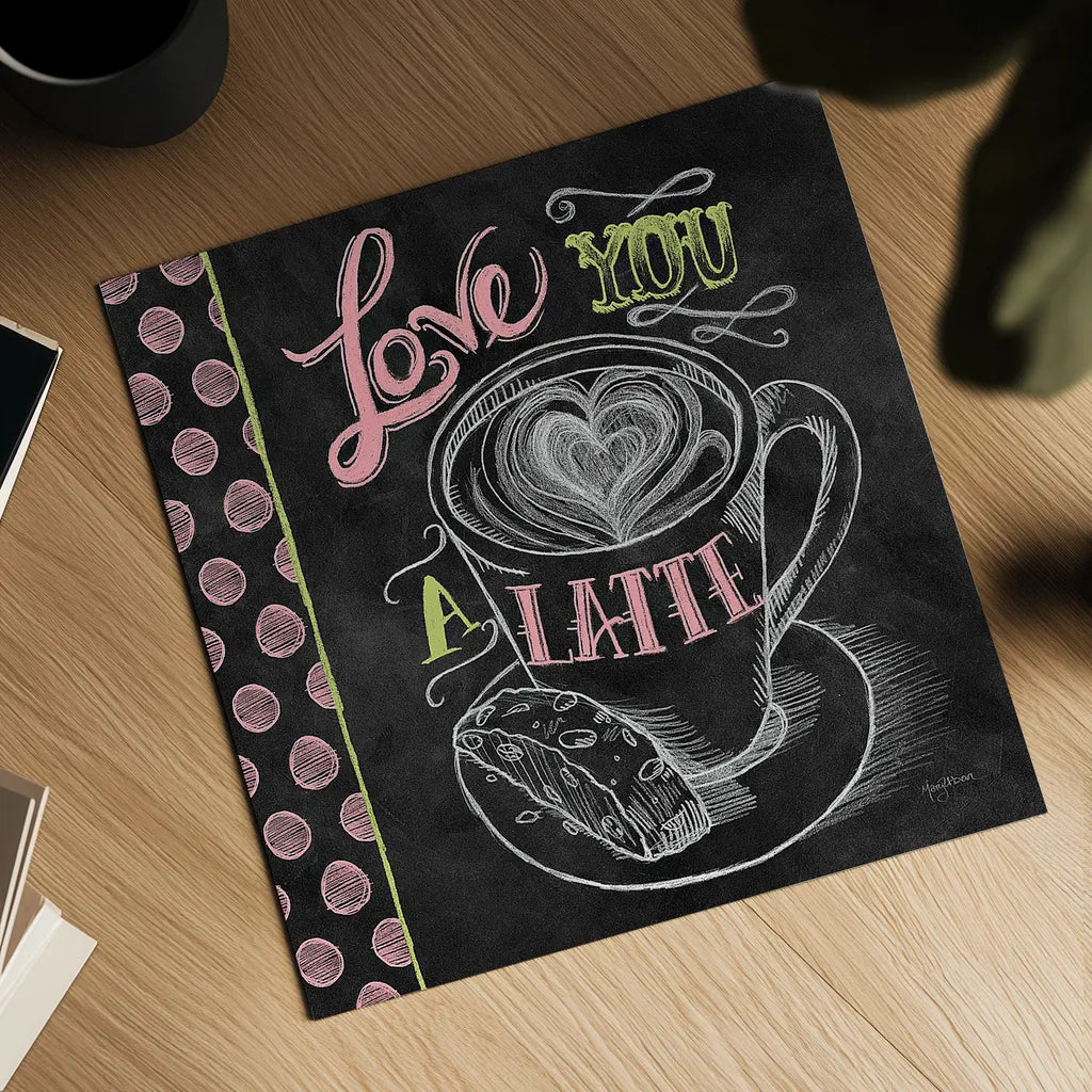 Love You a Latte Color by Mary Urban. Shown as a detailed flat fine art print, highlighting archival giclee quality. Available as an archival giclee rolled canvas, fine art paper, or poster print. SKU 38640a.