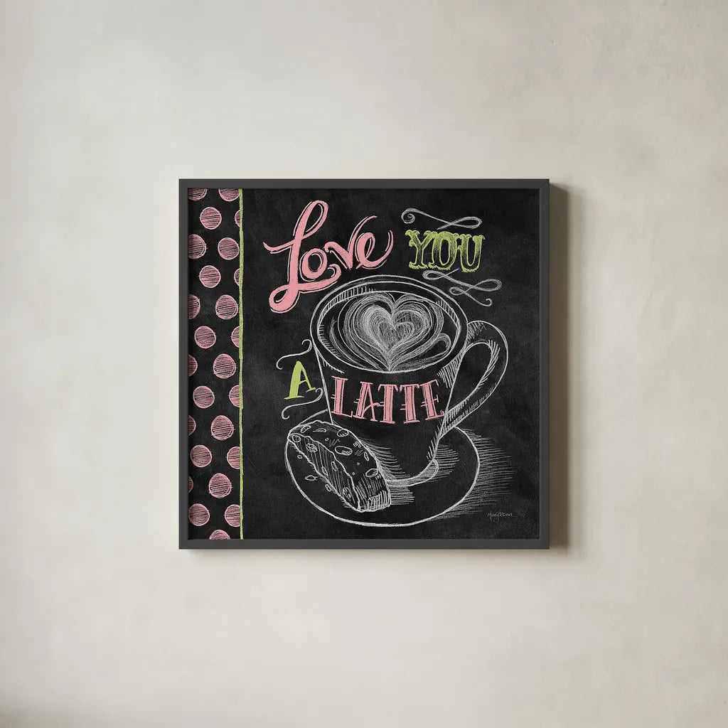 Love You a Latte Color by Mary Urban. Shown in a sleek black glass frame for a contemporary gallery look. Available as an archival giclee rolled canvas, fine art paper, or poster print. SKU 38640a.