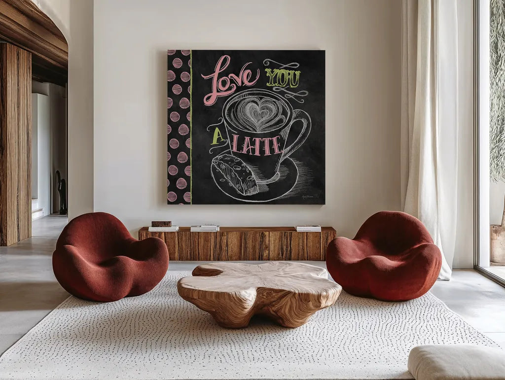 Love You a Latte Color by Mary Urban. Shown as extra-large giant wall art in a modern living room. Available as an archival giclee rolled canvas, fine art paper, or poster print. SKU 38640a.