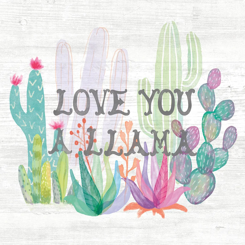 Lovely Llamas Cactus Love by Mary Urban. SKU 41661a. Archival Giclee Fine art print for wall decor.