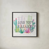 Lovely Llamas Cactus Love by Mary Urban. Shown in a sleek black glass frame for a contemporary gallery look. Available as an archival giclee rolled canvas, fine art paper, or poster print. SKU 41661a.
