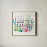 Lovely Llamas Cactus Love by Mary Urban. Shown in a natural wood glass frame for a timeless modern aesthetic. Available as an archival giclee rolled canvas, fine art paper, or poster print. SKU 41661a.