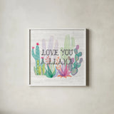 Lovely Llamas Cactus Love by Mary Urban. Shown in a crisp white glass frame for a clean and minimalist style. Available as an archival giclee rolled canvas, fine art paper, or poster print. SKU 41661a.