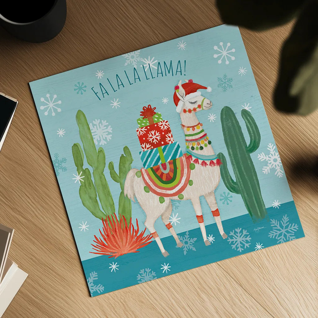 Lovely Llamas Christmas II by Mary Urban. Shown as a detailed flat fine art print, highlighting archival giclee quality. Available as an archival giclee rolled canvas, fine art paper, or poster print. SKU 47234a.