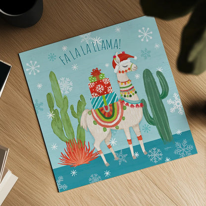 Lovely Llamas Christmas II by Mary Urban. Shown as a detailed flat fine art print, highlighting archival giclee quality. Available as an archival giclee rolled canvas, fine art paper, or poster print. SKU 47234a.