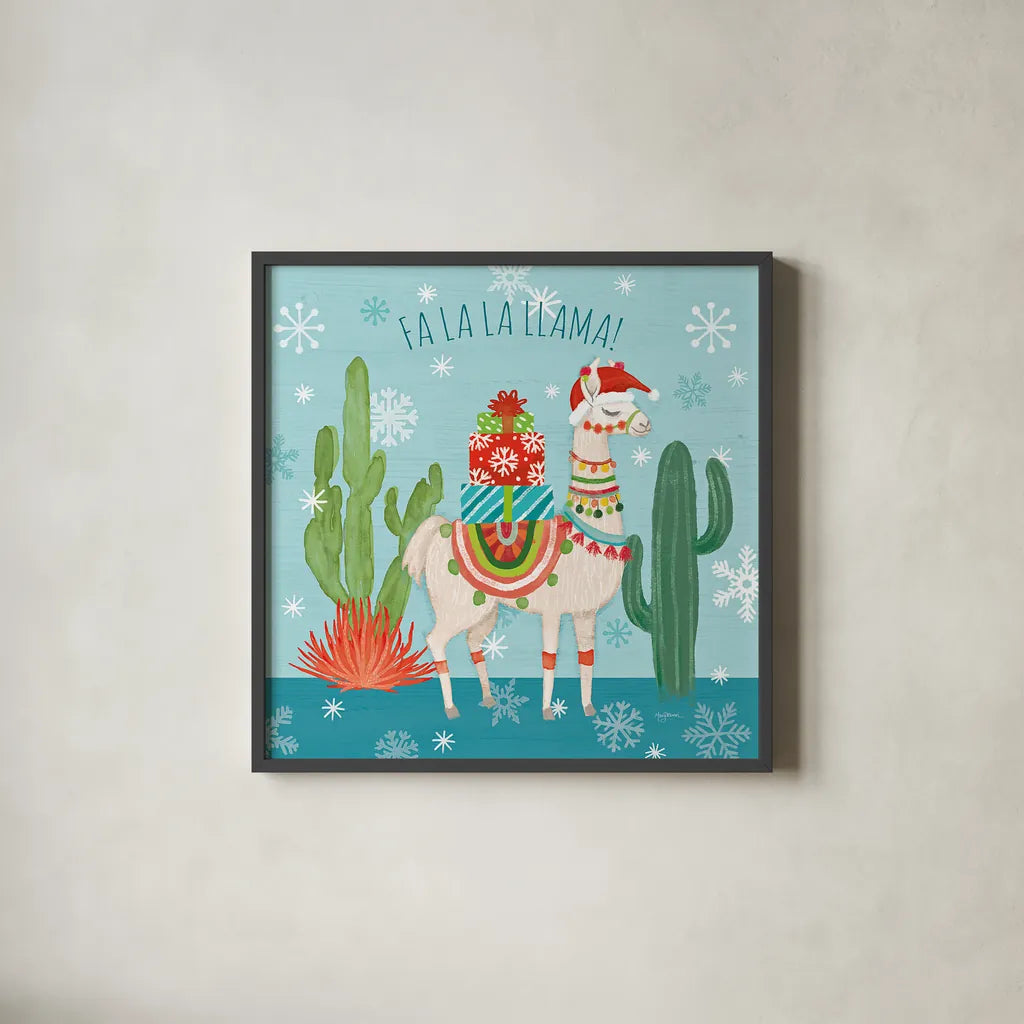 Lovely Llamas Christmas II by Mary Urban. Shown in a sleek black glass frame for a contemporary gallery look. Available as an archival giclee rolled canvas, fine art paper, or poster print. SKU 47234a.