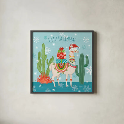 Lovely Llamas Christmas II by Mary Urban. Shown in a sleek black glass frame for a contemporary gallery look. Available as an archival giclee rolled canvas, fine art paper, or poster print. SKU 47234a.
