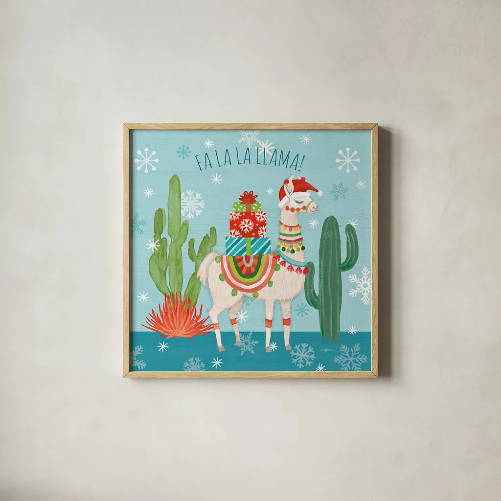 Lovely Llamas Christmas II by Mary Urban. Shown in a natural wood glass frame for a timeless modern aesthetic. Available as an archival giclee rolled canvas, fine art paper, or poster print. SKU 47234a.