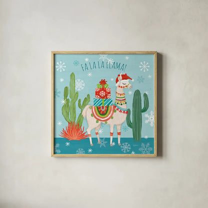 Lovely Llamas Christmas II by Mary Urban. Shown in a natural wood glass frame for a timeless modern aesthetic. Available as an archival giclee rolled canvas, fine art paper, or poster print. SKU 47234a.