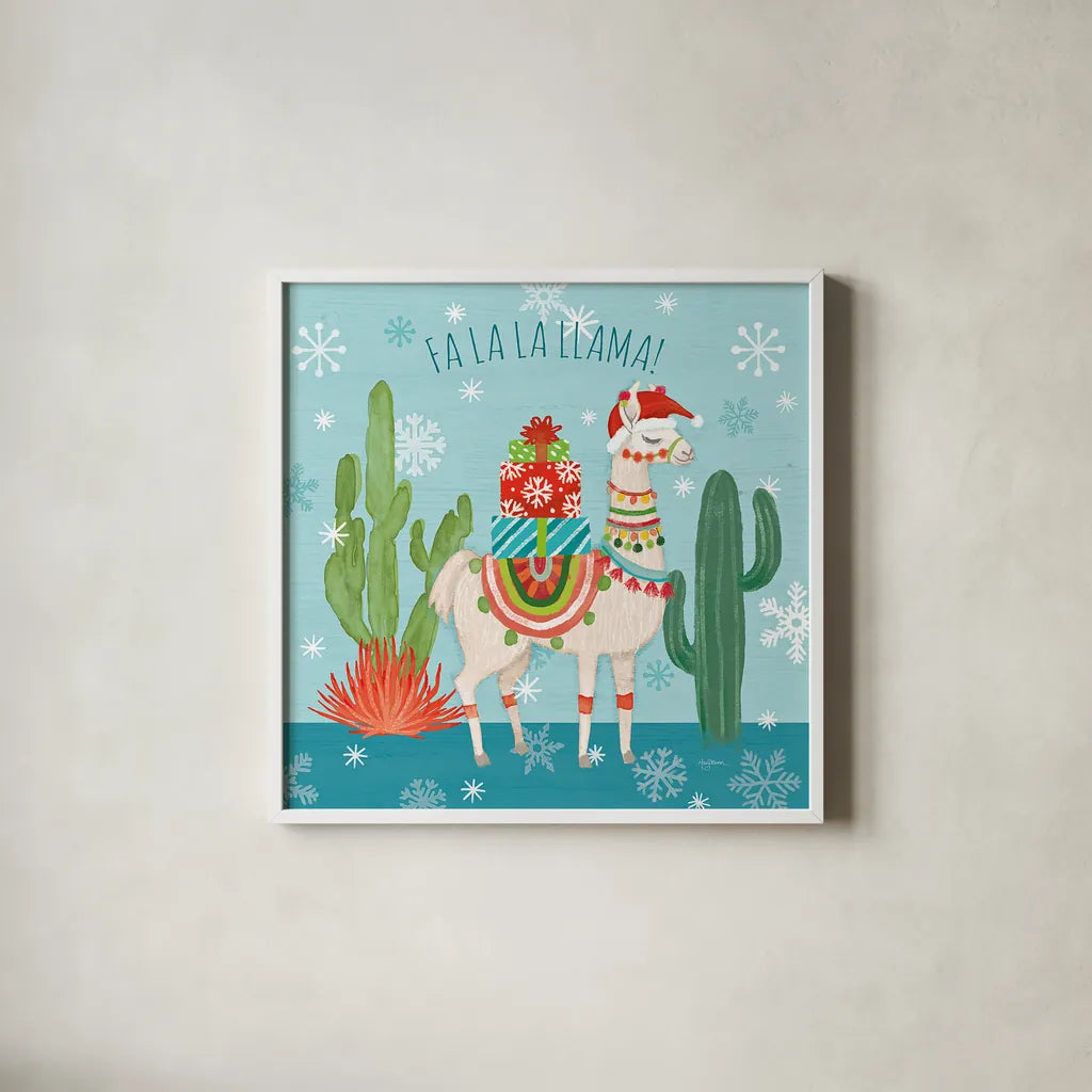 Lovely Llamas Christmas II by Mary Urban. Shown in a crisp white glass frame for a clean and minimalist style. Available as an archival giclee rolled canvas, fine art paper, or poster print. SKU 47234a.