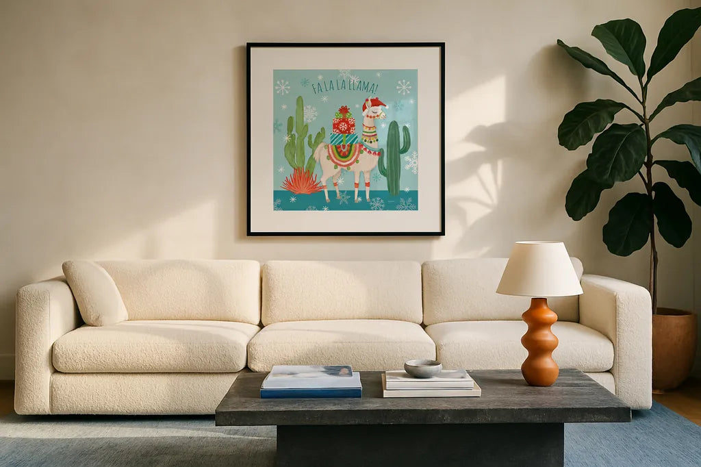 Lovely Llamas Christmas II by Mary Urban. Displayed in a glass frame with matte in a clean modern living room. Available as an archival giclee rolled canvas, fine art paper, or poster print. SKU 47234a.