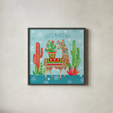 Lovely Llamas Christmas III by Mary Urban. Shown in a sleek black glass frame for a contemporary gallery look. Available as an archival giclee rolled canvas, fine art paper, or poster print. SKU 47235a.